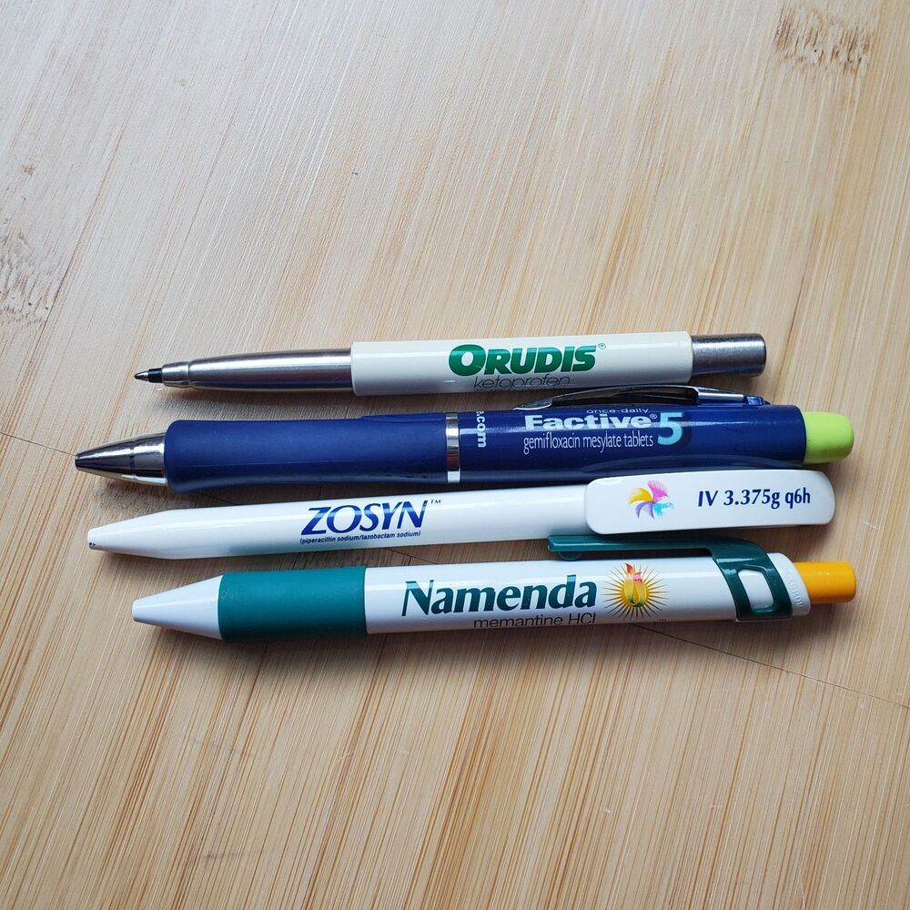 Pharmaceutical drug rep pens advertising namenda zosyn factive5 orudis